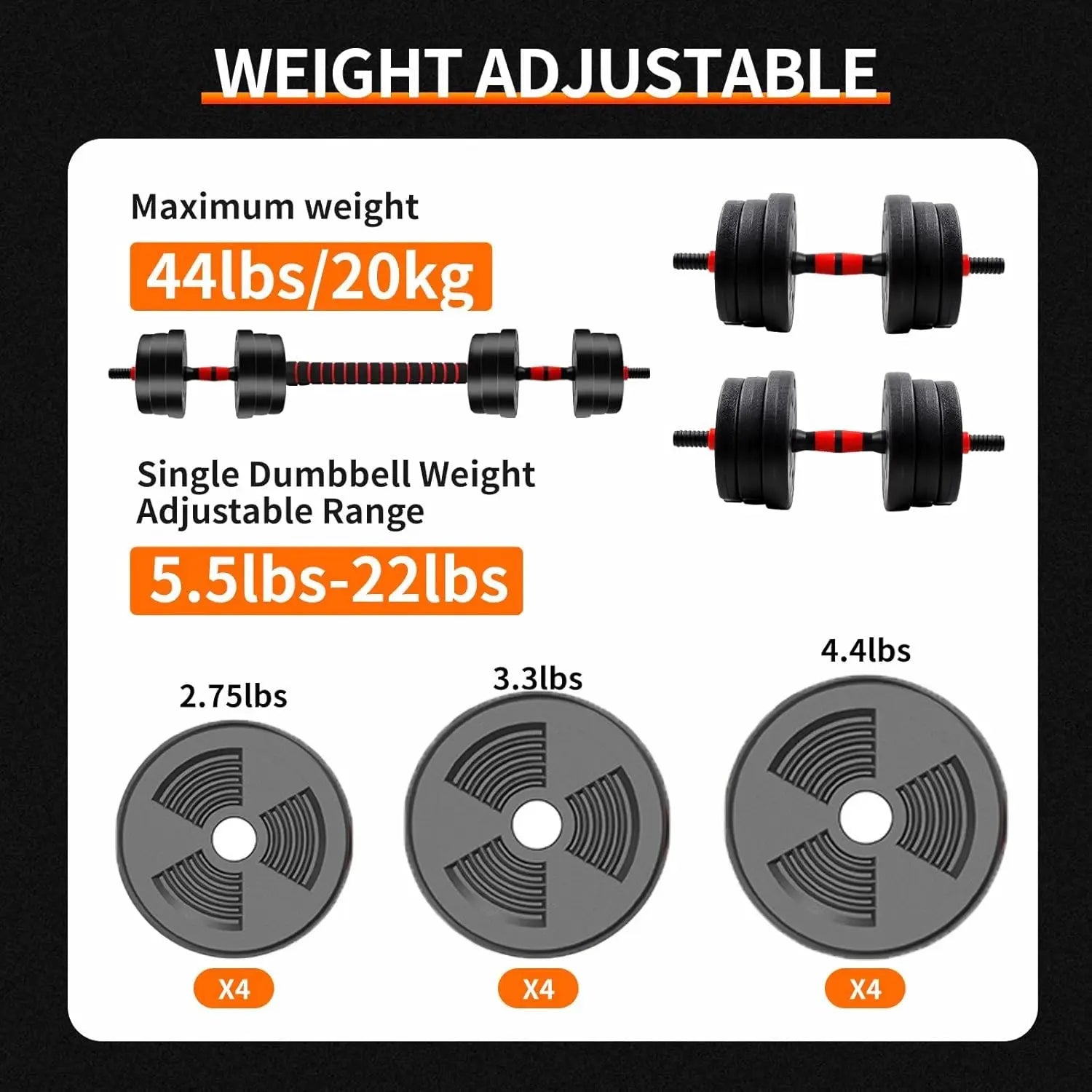 5-44lbs Adjustable Dumbbell to Barbell Set, Anti-Slip Grip, Versatile Home Gym Fitness Strength Training Barbell Weight Plates PulseForm
