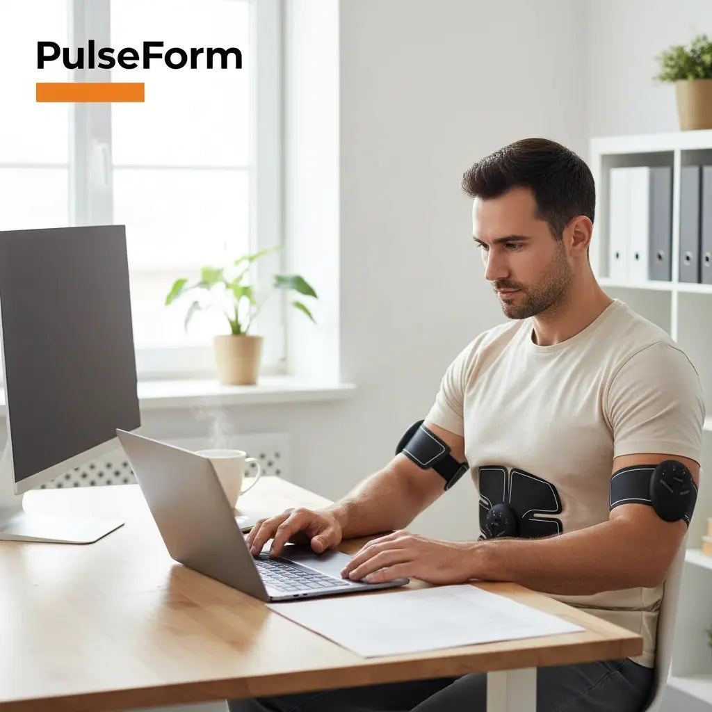 Man Working at Laptop While Wearing Black EMS