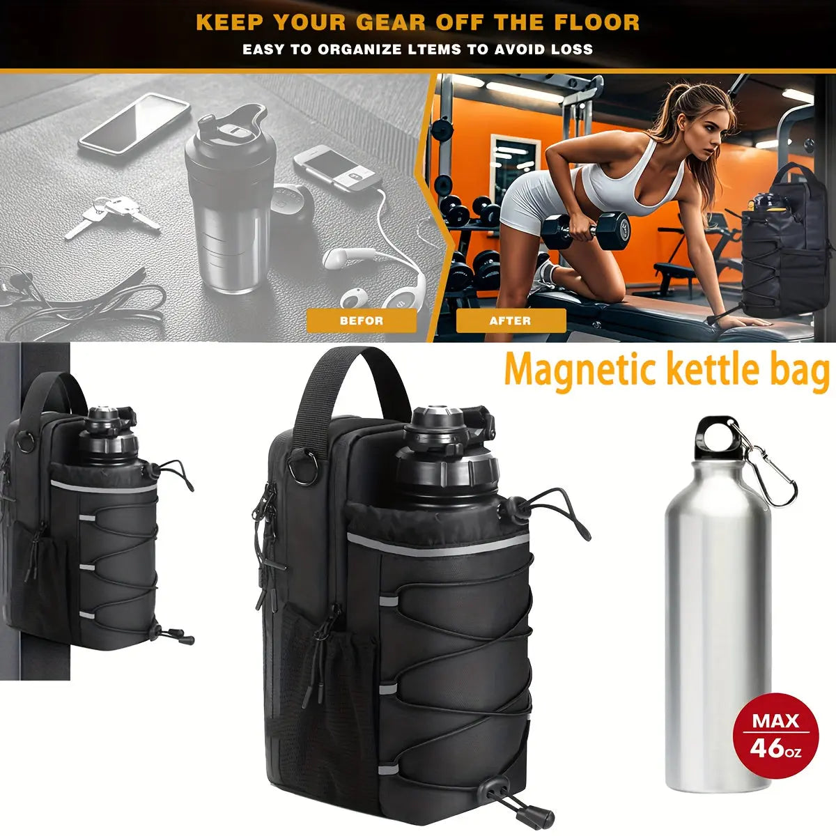 Magnetic Gym Bag with Water Bottle - 3x Powerful Magnet Absorption | PulseForm PulseForm