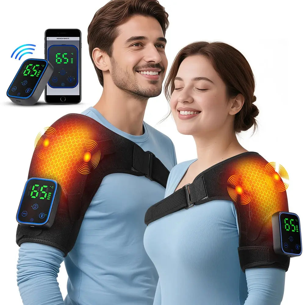 Wireless Shoulder Massager Pad Wrap APP-Controlled Graphene Heating 7 Temp Levels 3 Vibration Modes 3 Timers LCD Muscle Relax
